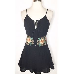 LUXXEL Black Floral Embroidered Shorts Romper